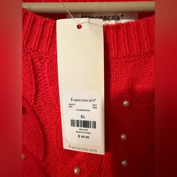 Francesca’s Beverly Pearl Embellished Cable Pullover Sweater Red - Picture 3 of 7